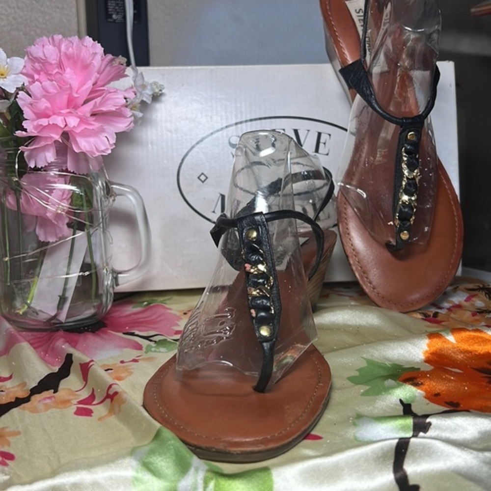 Steve Madden‎ “flipper” black leather wedge sling back sandal size 8.5